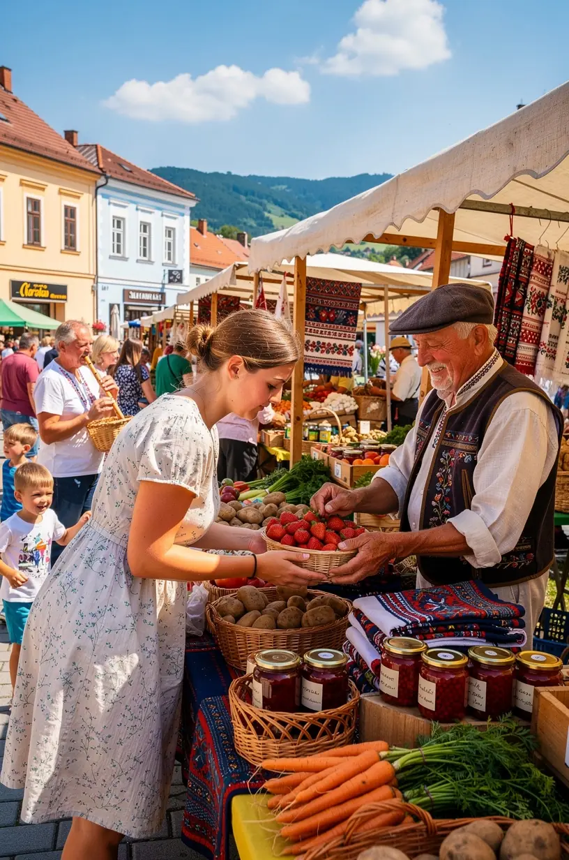 Miestny trh so stánkami ponúkajúcimi tradičné slovenské produkty a remeselné výrobky.