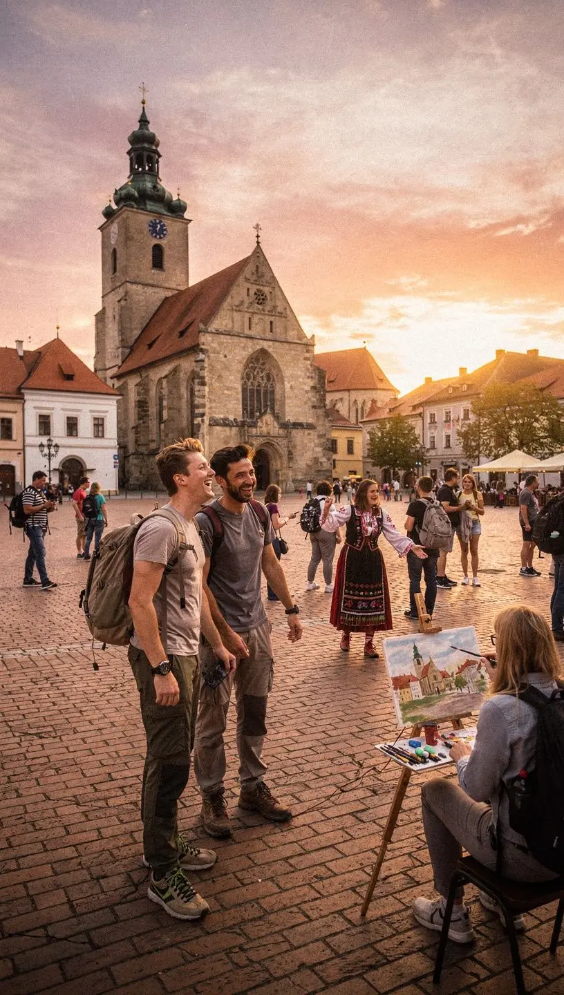 Fotografia dedinskej architektúry s drevenými domami a zachovanými ľudovými motívmi.